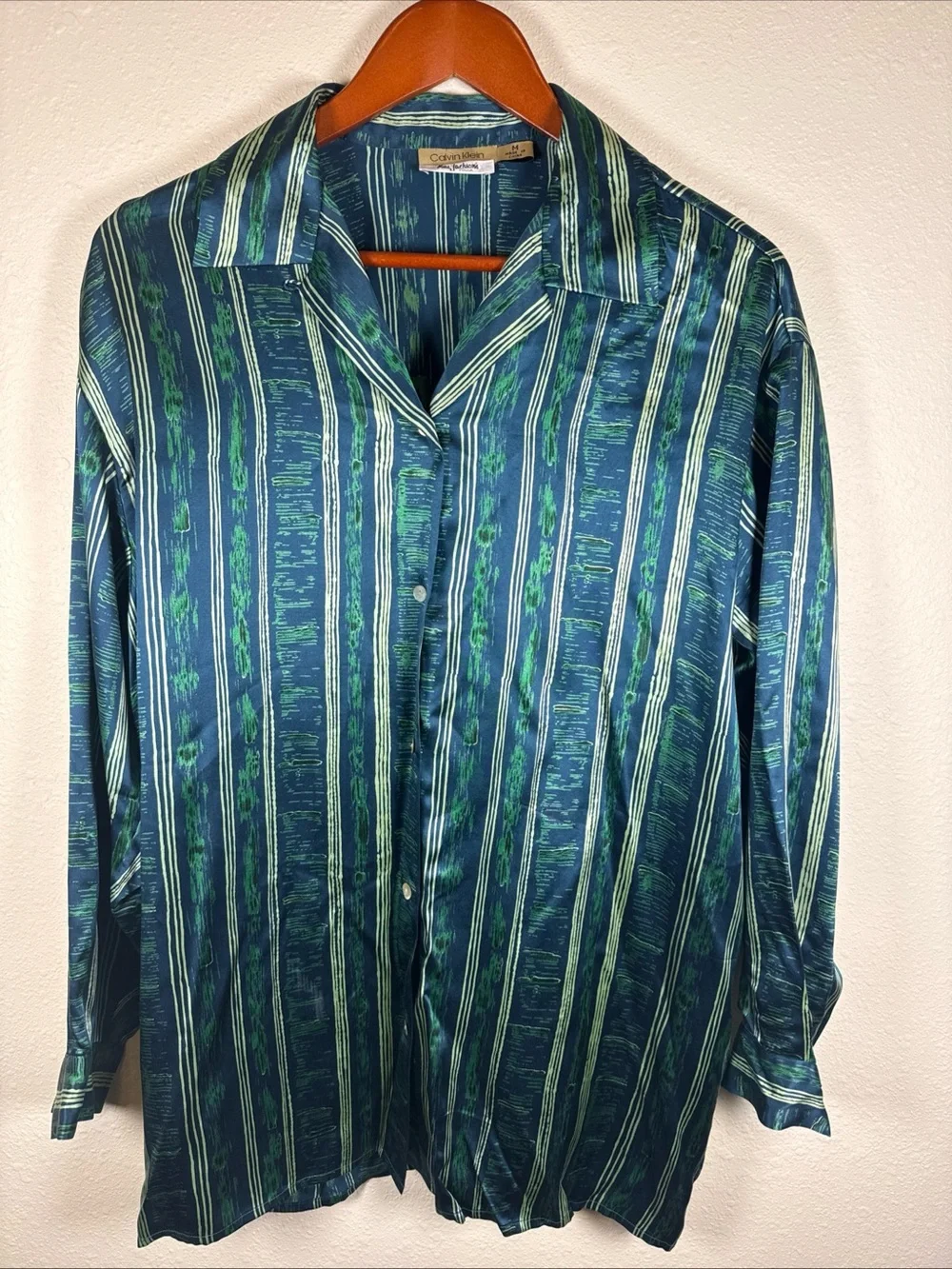 Calvin Klein Silk Button Up Blouse Green Stripes Quiet Luxury Oversized Medium